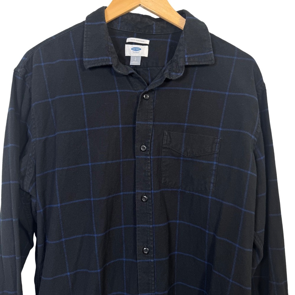 Old Navy Mens Shirt Large Flannel Long Sleeve Slim‎ Fit Button Down Black Blue